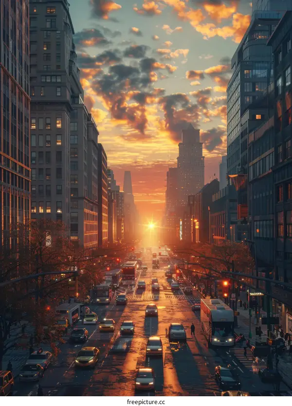 A bustling city street with people crossing the road at sunset