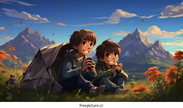 Two young boys sitting on a hilltop overlooking a mountain range