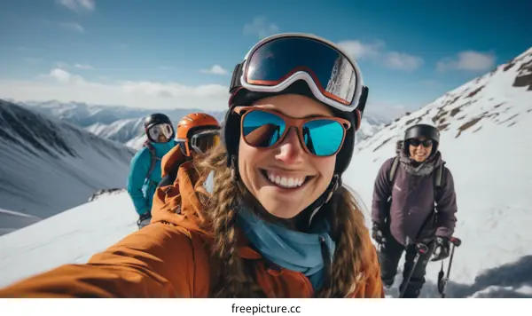 A group of friends skiing down a mountainside