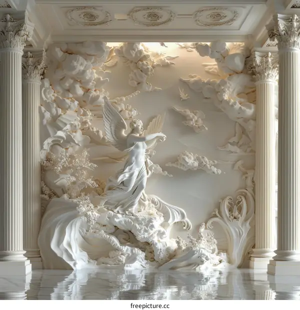 3D Rendering of a Classical Sculpture with an Angel and Clouds