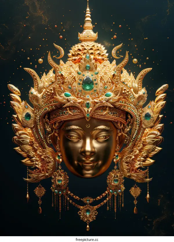 Golden Buddha head with green gems and ornate headdress