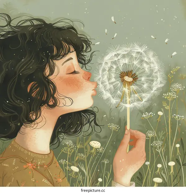 Girl Blowing Dandelion Seeds in a Meadow