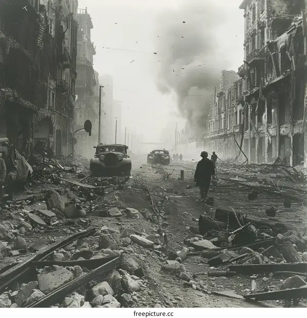 A soldier walking through a destroyed city during World War II
