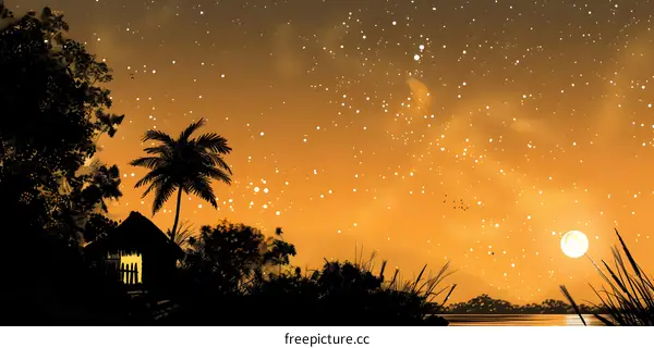 Silhouettes of Palm Trees and a Hut Under a Starry Sky
