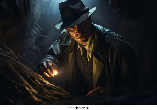 Man in a hat examining a rock in a cave