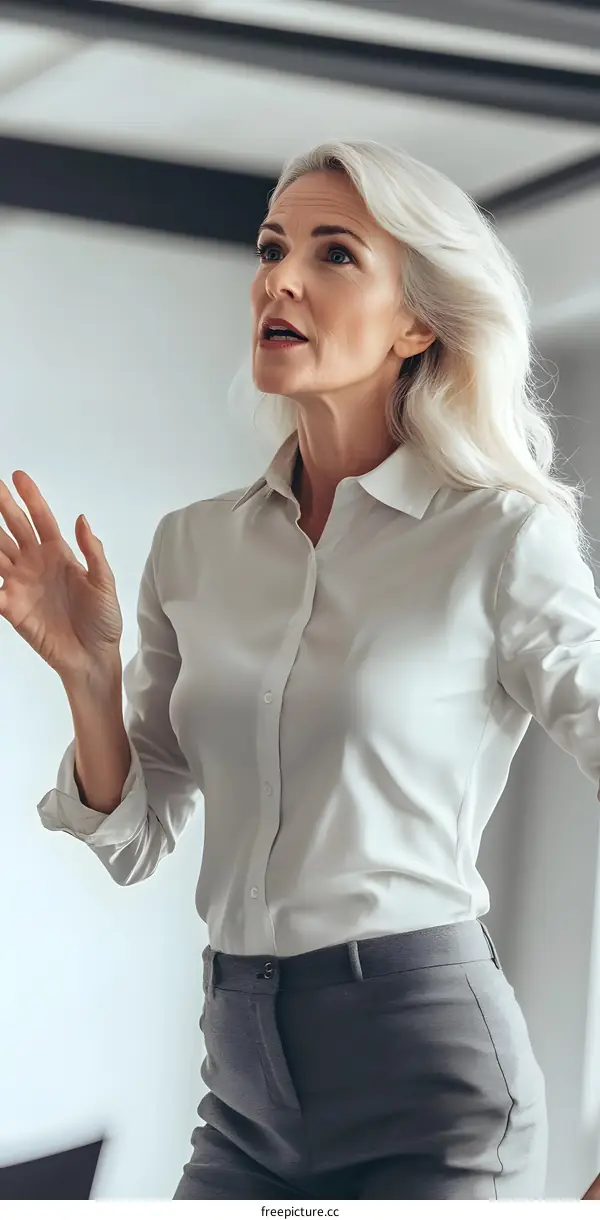 Surprised Business Woman in White Shirt and Gray Pants