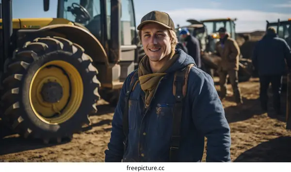 A young male farmer standing in front of a tractor
