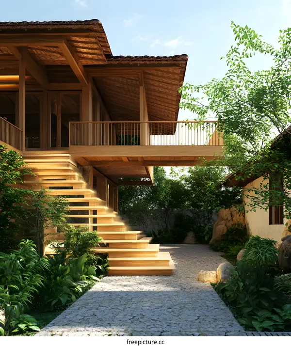 Modern Wooden House with Garden and Stairs