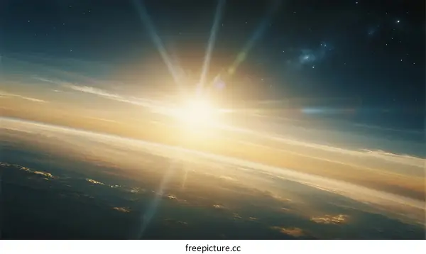 Sunlight shining over Earth's atmosphere with space background