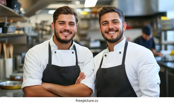 Two Caucasian Chefs Smiling in a Kitchen