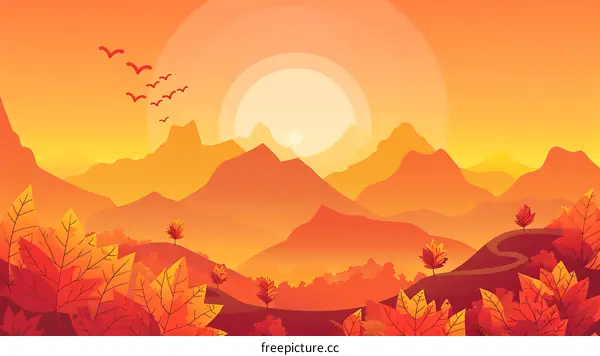 Autumn Mountain Landscape with Sunset and Birds