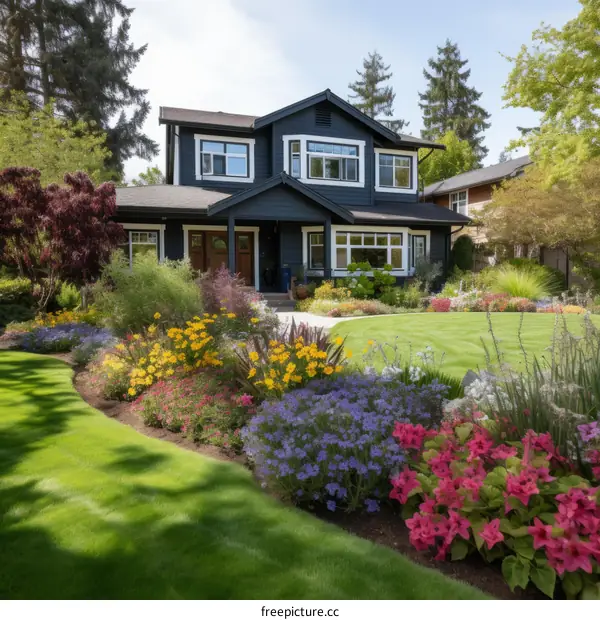 Colorful flower garden and modern house exterior