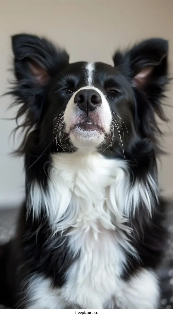 A black and white Border Collie dog is sitting with its eyes closed.