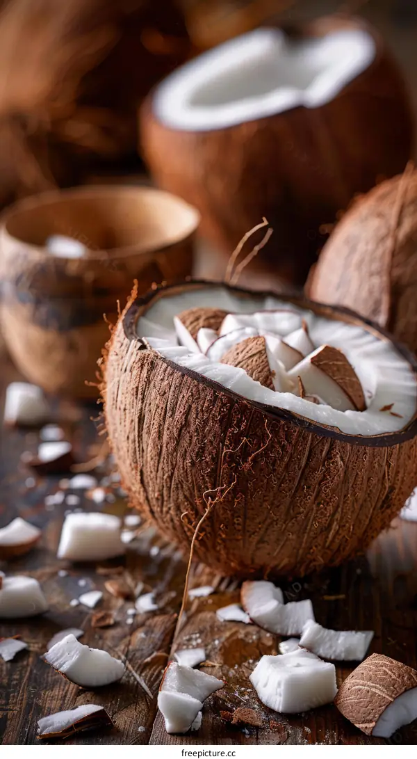 Fresh Coconut Pieces and Halves on Wooden Table