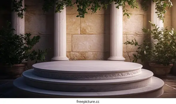Ancient Roman Style Empty Stage with Columns and Plants