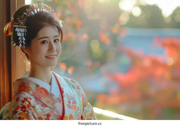 Portrait of a Japanese woman in traditional kimono smiling