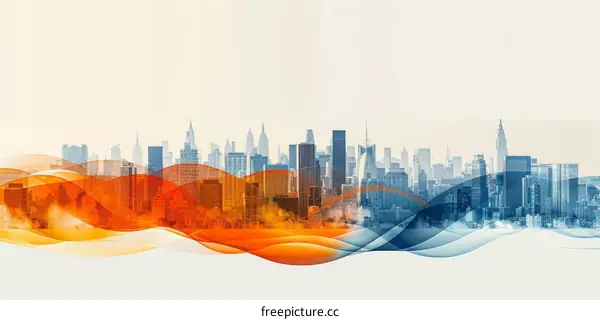 Modern City Architecture with Abstract Azure Waves