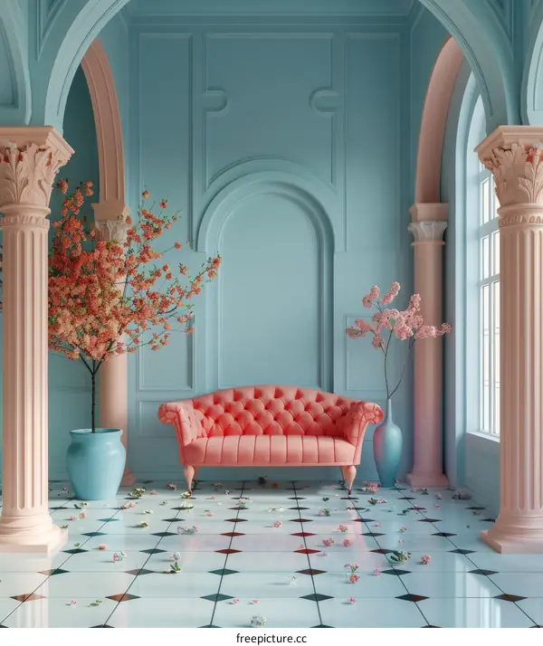 Pastel Colored Room with Pink Sofa and Flowers