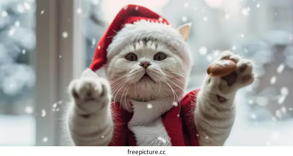 A cute cat wearing a Santa hat is sitting in the snow.
