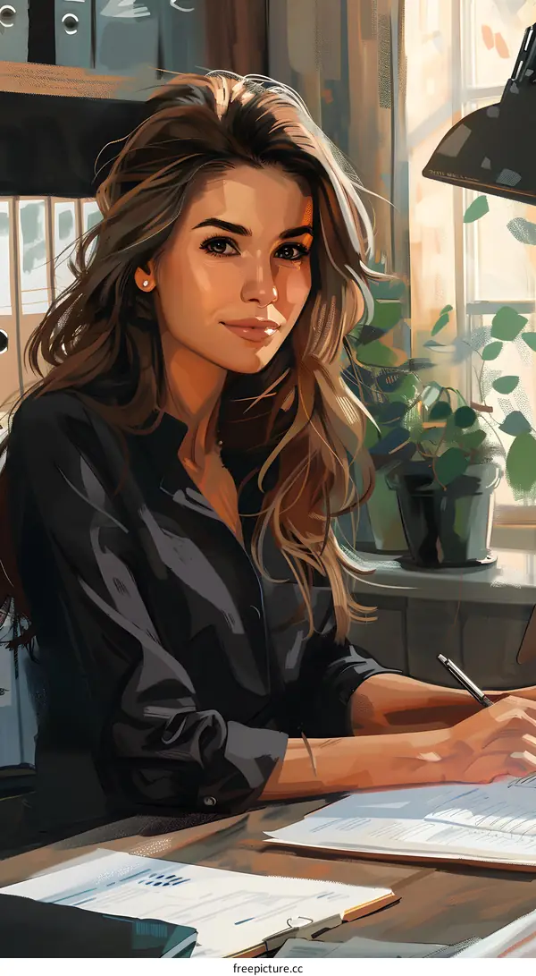 portrait of a beautiful young woman sitting at her desk and writing something