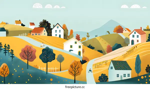 Cartoon Illustration of a Village in the Hills