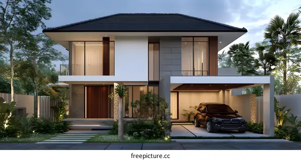 Modern Two Story House With Garage And Tropical Plants