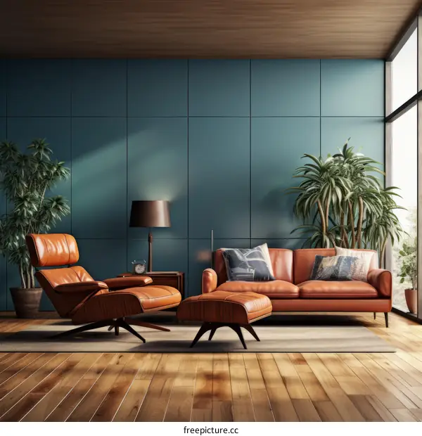 Mid-Century Modern Living Room with Dark Green Wall
