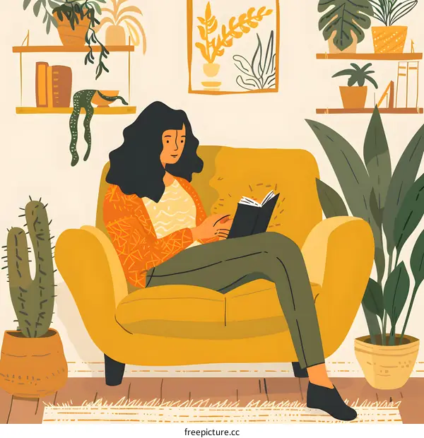 Woman Relaxing in Armchair with Book and Plants