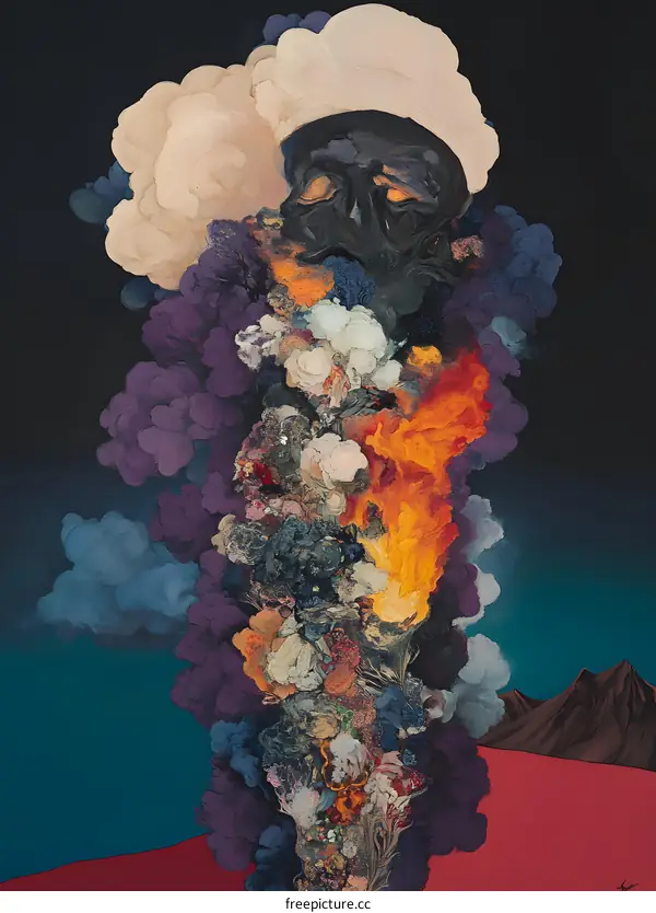 Abstract Skull Painting with Floral Elements and Smoke