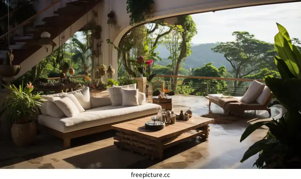 Modernbohemian living room with a tropical view