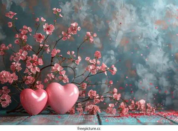 Two Pink Hearts Decorated with Pink Cherry Blossoms on a Light Blue Wooden Table