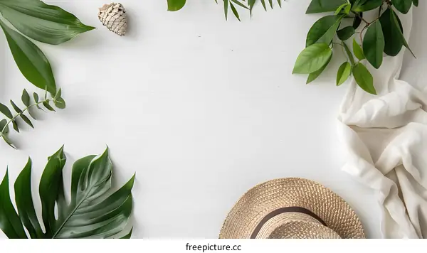 Summertime Flat Lay with Hat, Leaves and White Background