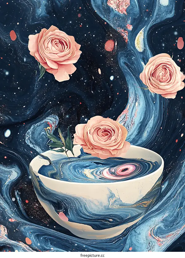 Abstract Galaxy with Pink Roses and a Bowl