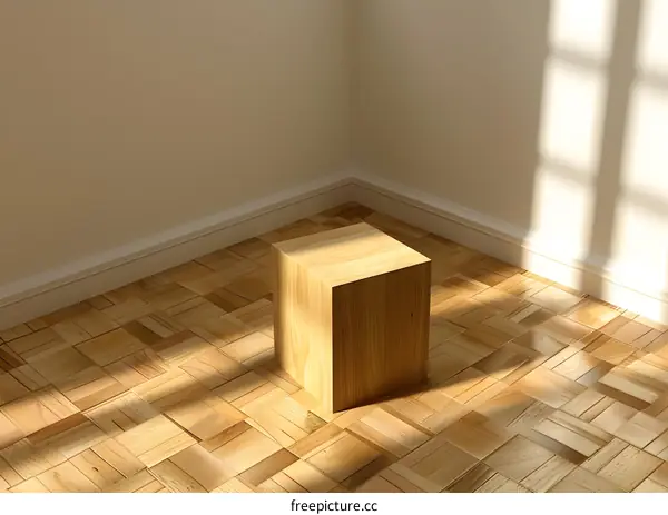 Wooden Cube on Parquet Floor with Sunlight