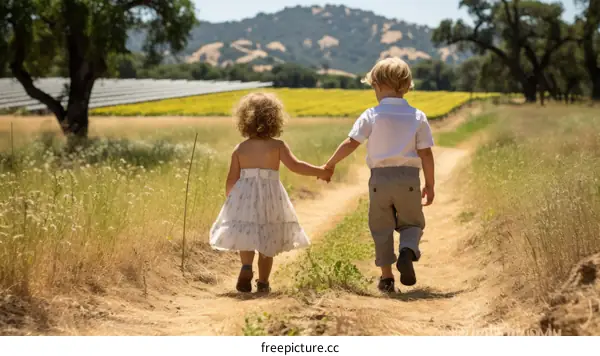 Little boy and girl holding hands walking in a field