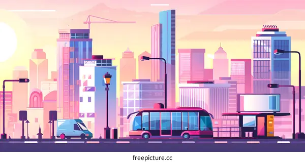 Sunrise Cityscape with Bus Stop and Skyscrapers
