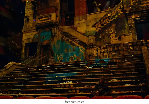 Man Sitting on Steps of Abandoned Building