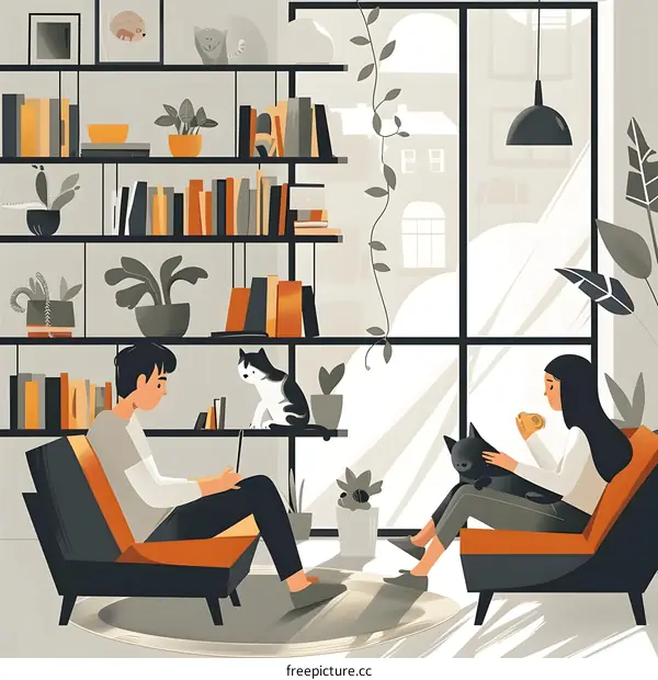 Couple Relaxing in Living Room with Cats and Plants