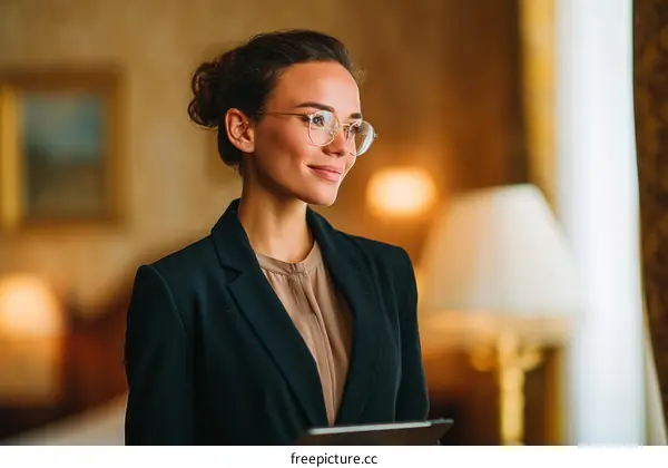 Professional Woman in Elegant Hotel Room