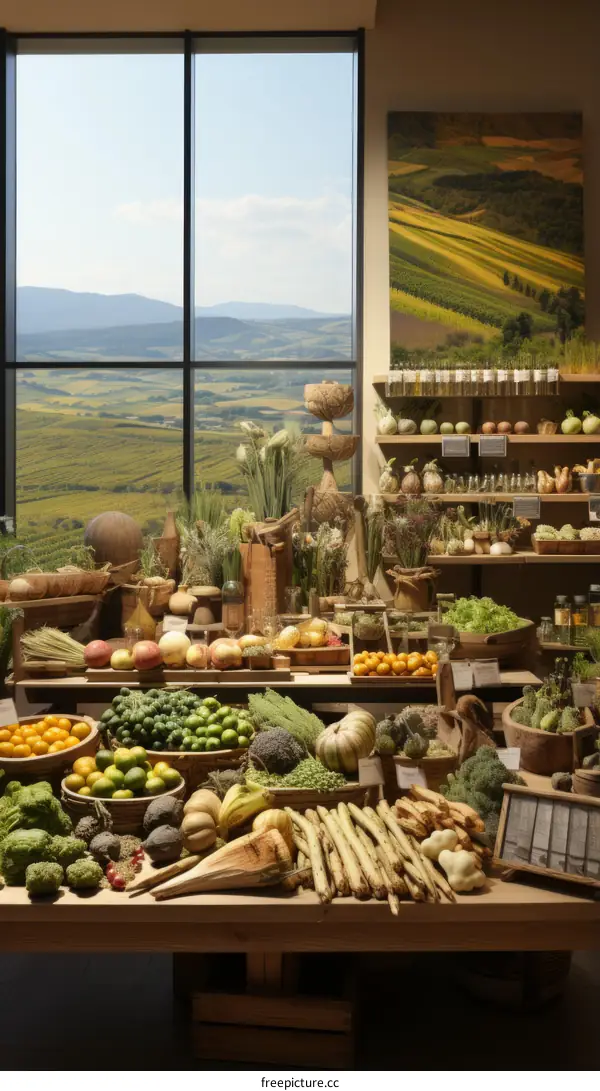 Still life of a variety of fruits and vegetables in front of a large window