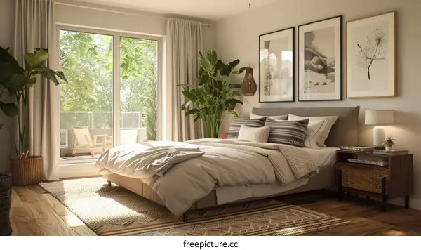 Modern bedroom interior design with large windows and plants