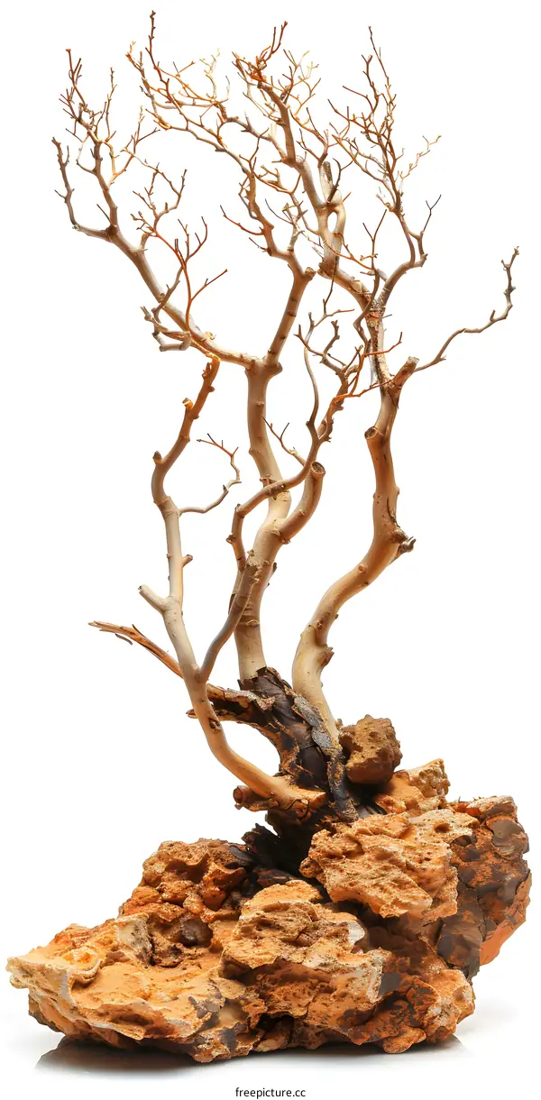 Dry Tree Branches On Rock Against White Background