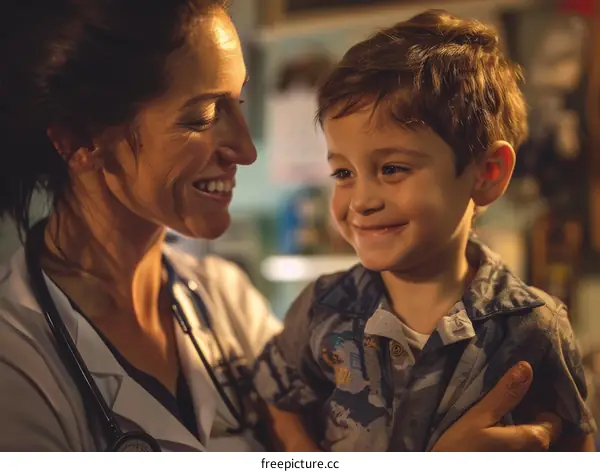 Pediatrician examining a smiling young boy