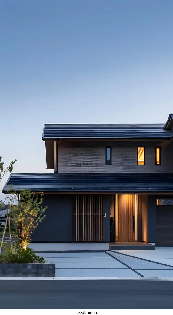 Modern Japanese House with Wooden Door and Stone Patio