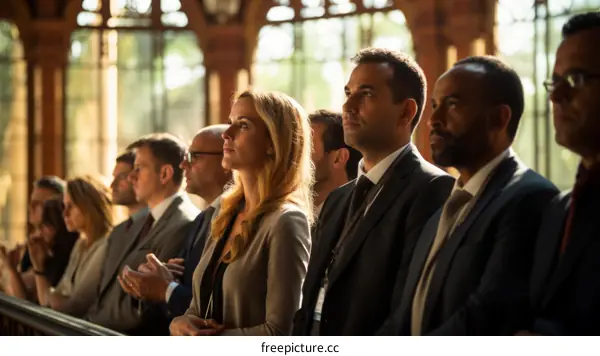A group of people of different ethnicities are sitting in a row and looking at something.
