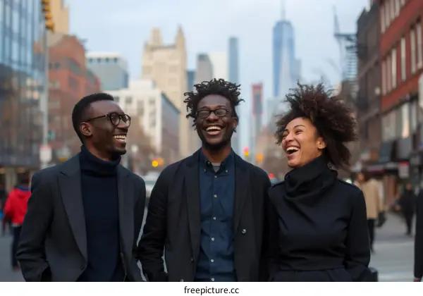 Three young African American friends laughing and walking down the street in the city