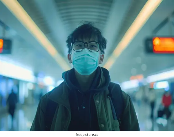 A young man wearing a mask is walking in a subway station.