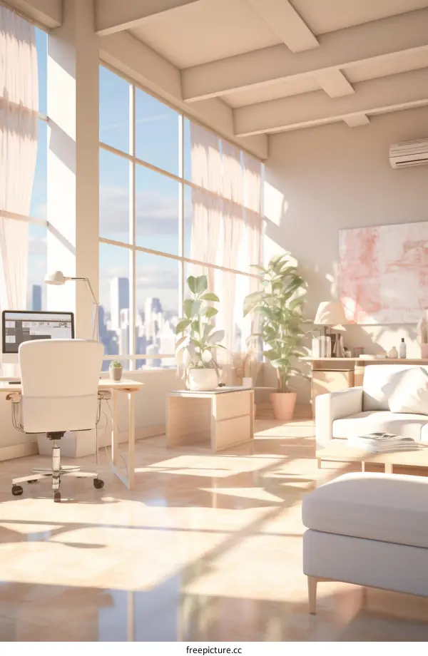 Airy Home Office With Large Windows and Plants