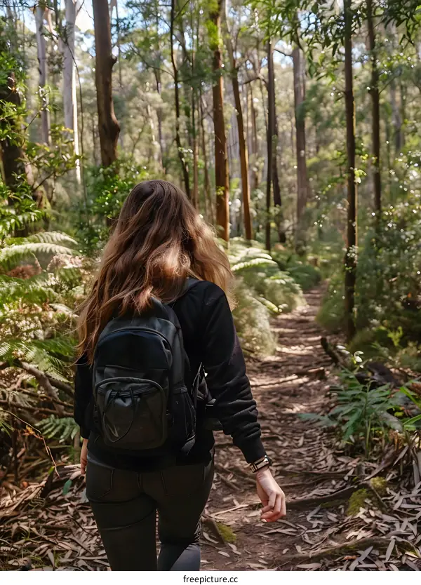 Woman Hiking Through Forest With Backpack