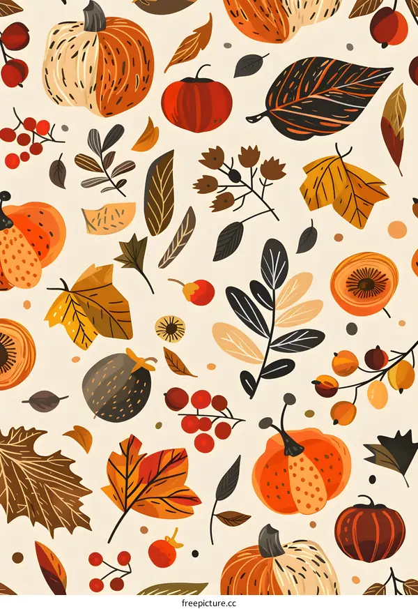 Autumn Fall Seamless Pattern with Pumpkins Leaves and Berries